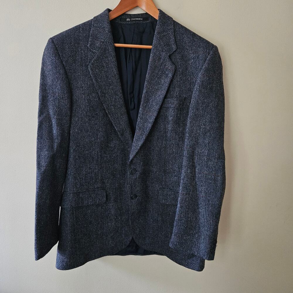Alexandre London Men's Wool Tweed Blazer, Size 40L Gray-Blue Academia Heritage